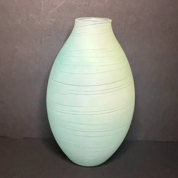 Hand Blown Blue Green Frosted Swirl Etched Art Glass Vessel Bud Vase 6 x 3.5" - Picture 2 of 6